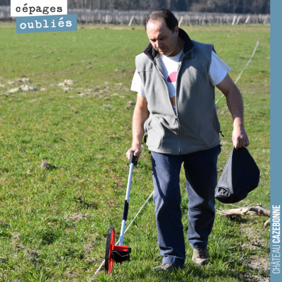 David arpente notre parcelle du Maine pour préparer la plantation de cépages oubliés que nous all...