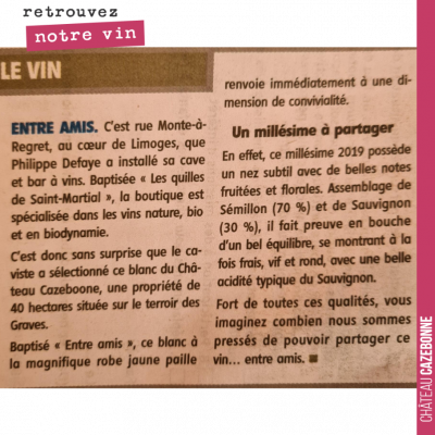 Notre cuvée Entre amis 2019, Graves blanc, à l'honneur dans le Populaire du Centre. Merci Philipp...