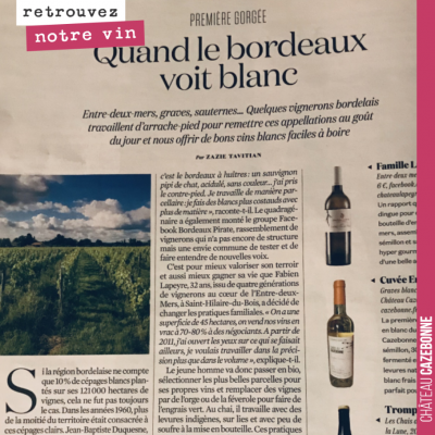 Belle surprise dans L'Obs, hier. Un article sur le renouveau du blanc à Bordeaux et mise en avant...